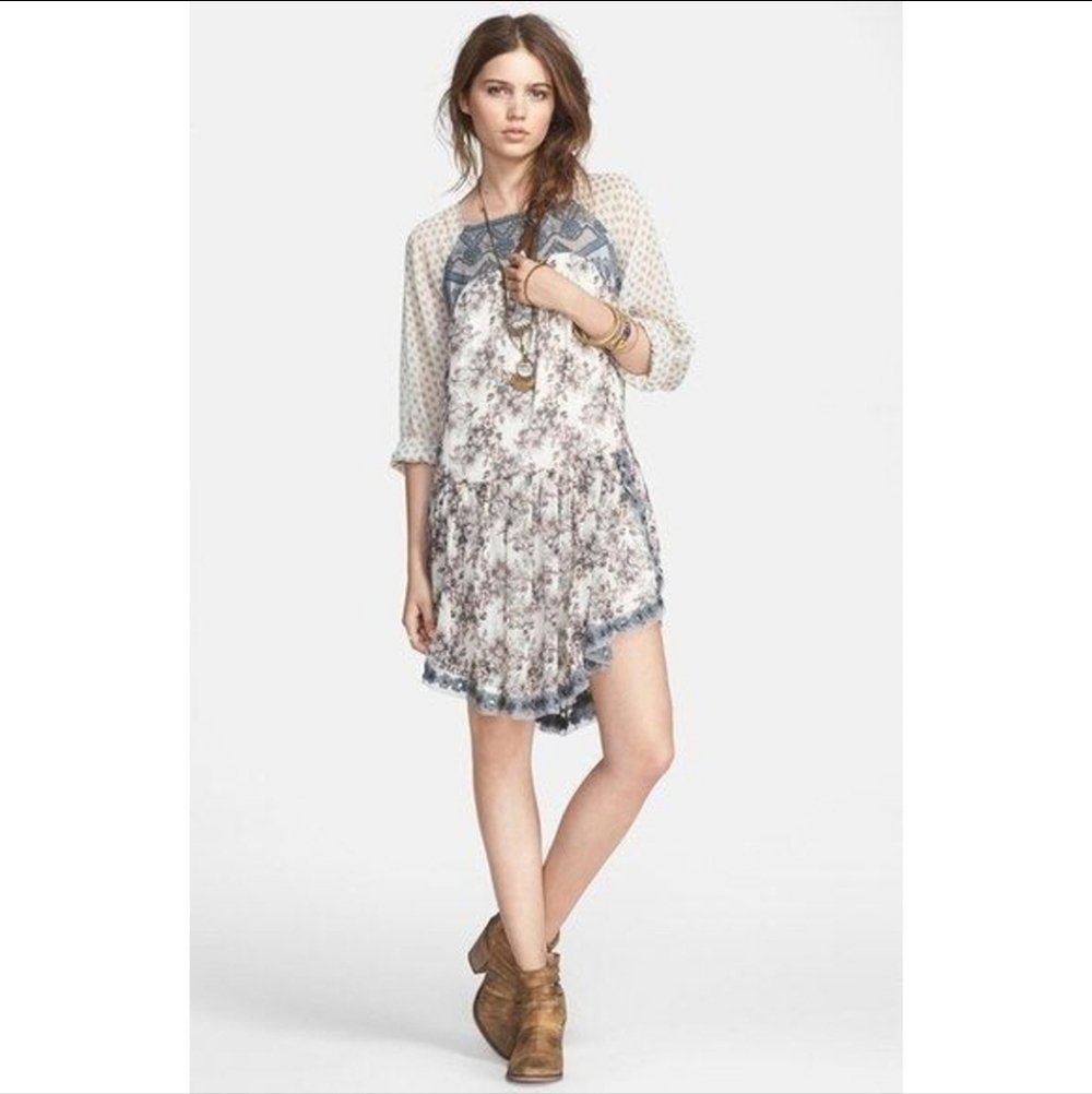 Free People Elsie Sheer Lace Boho Dress Midnight Garden Floral Mini, Size XS
